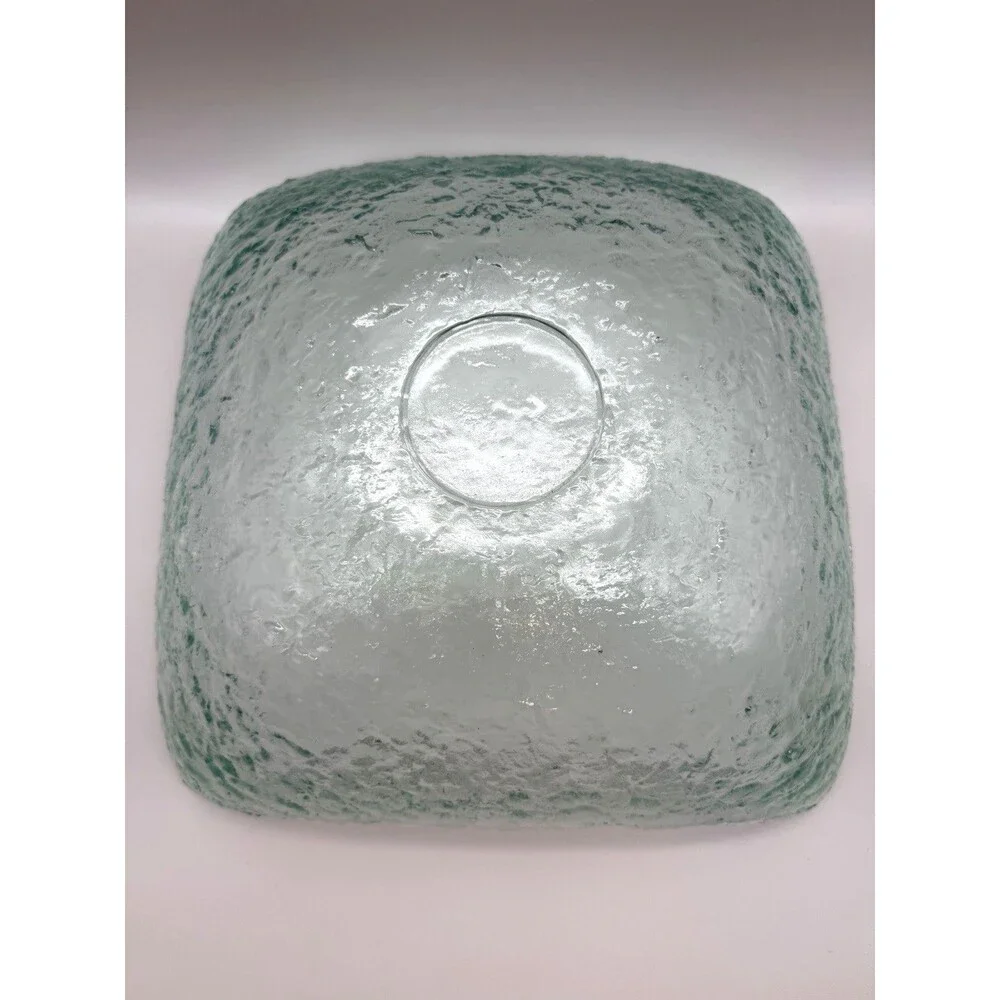 VTG San Miguel Style Recycled Ice Glass Square Bowl Pale Aqua Green Bark 12” MCM